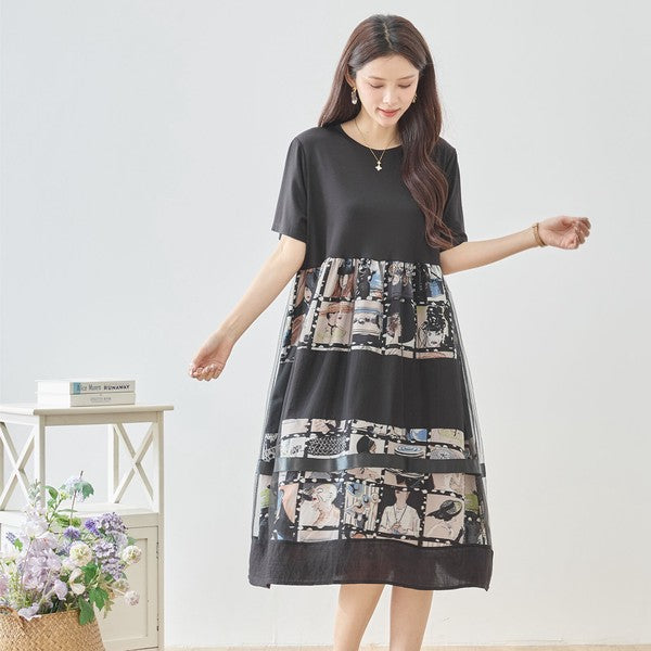 シネマ フォトコラージュ チュール 切替 ワンピース 半袖 ミモレ丈 体型カバー M-L