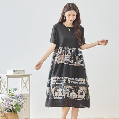 シネマ フォトコラージュ チュール 切替 ワンピース 半袖 ミモレ丈 体型カバー M-L