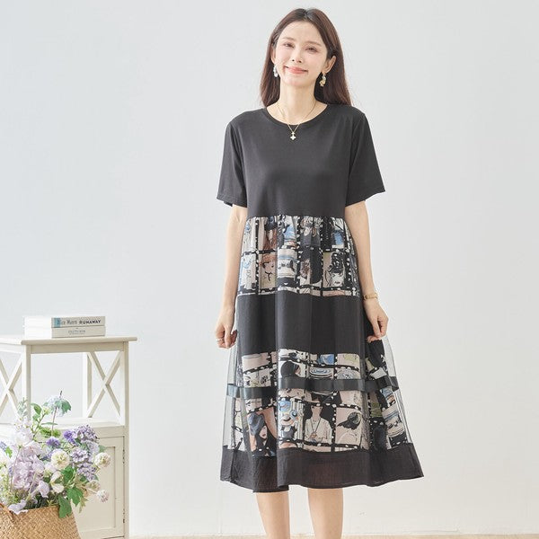 シネマ フォトコラージュ チュール 切替 ワンピース 半袖 ミモレ丈 体型カバー M-L