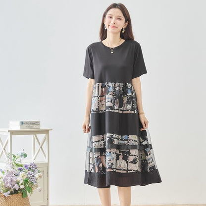 シネマ フォトコラージュ チュール 切替 ワンピース 半袖 ミモレ丈 体型カバー M-L