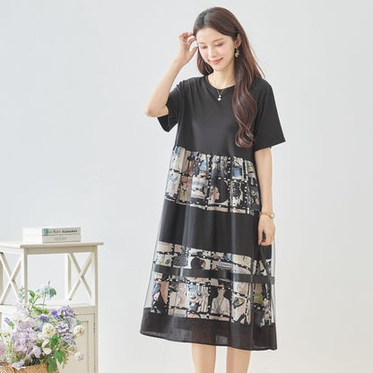シネマ フォトコラージュ チュール 切替 ワンピース 半袖 ミモレ丈 体型カバー M-L