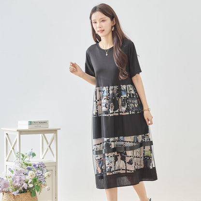 シネマ フォトコラージュ チュール 切替 ワンピース 半袖 ミモレ丈 体型カバー M-L