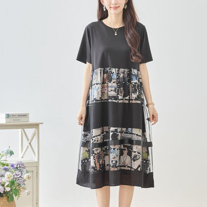 シネマ フォトコラージュ チュール 切替 ワンピース 半袖 ミモレ丈 体型カバー M-L