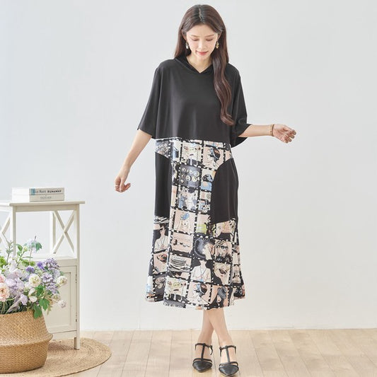 アートコラージュ プリント 切り替え ワンピース ロング丈 半袖 ゆったり 体型カバー M-L