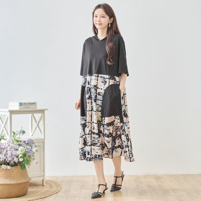 アートコラージュ プリント 切り替え ワンピース ロング丈 半袖 ゆったり 体型カバー L-LL