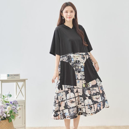 アートコラージュ プリント 切り替え ワンピース ロング丈 半袖 ゆったり 体型カバー M-L