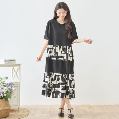幾何学ブラシプリント ティアード 切替 ワンピース 半袖 ゆったり 体型カバー M-L
