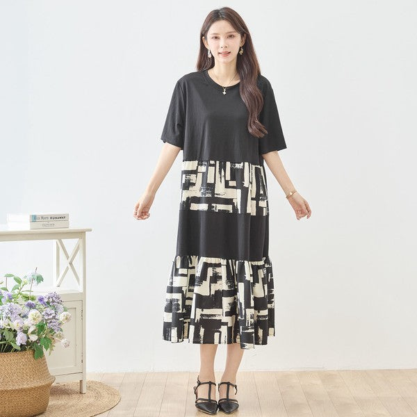 幾何学ブラシプリント ティアード 切替 ワンピース 半袖 ゆったり 体型カバー M-L