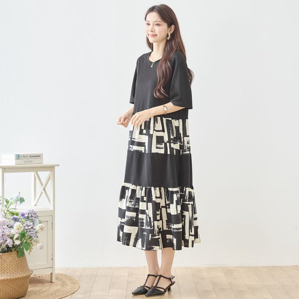 幾何学ブラシプリント ティアード 切替 ワンピース 半袖 ゆったり 体型カバー M-L