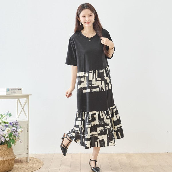 幾何学ブラシプリント ティアード 切替 ワンピース 半袖 ゆったり 体型カバー M-L
