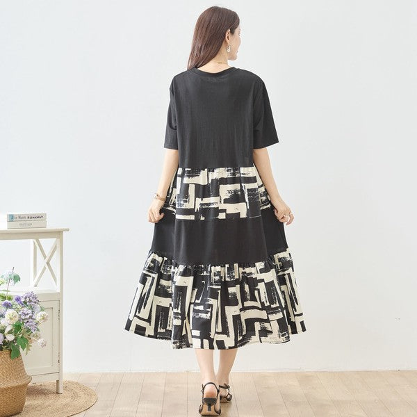 幾何学ブラシプリント ティアード 切替 ワンピース 半袖 ゆったり 体型カバー M-L