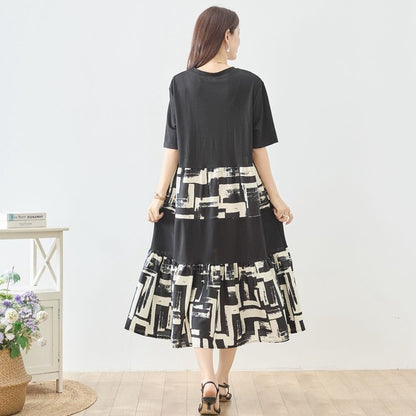 幾何学ブラシプリント ティアード 切替 ワンピース 半袖 ゆったり 体型カバー M-L