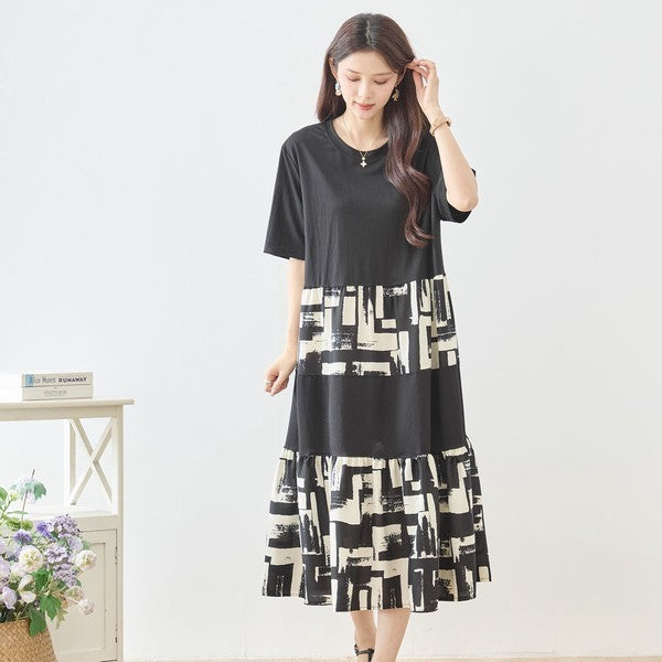 幾何学ブラシプリント ティアード 切替 ワンピース 半袖 ゆったり 体型カバー M-L