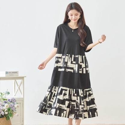 幾何学ブラシプリント ティアード 切替 ワンピース 半袖 ゆったり 体型カバー M-L
