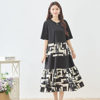 幾何学ブラシプリント ティアード 切替 ワンピース 半袖 ゆったり 体型カバー M-L