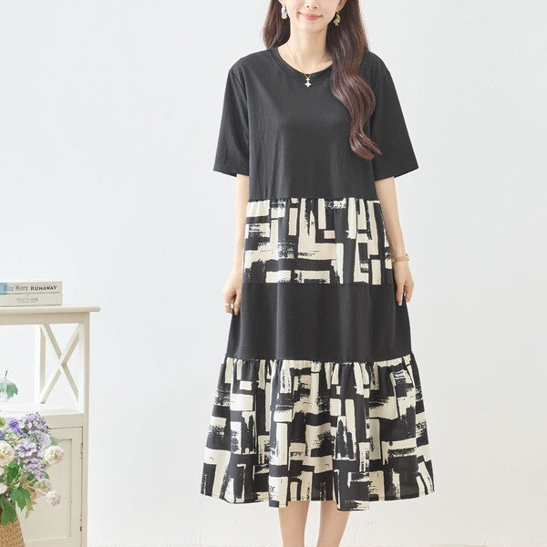 幾何学ブラシプリント ティアード 切替 ワンピース 半袖 ゆったり 体型カバー M-L