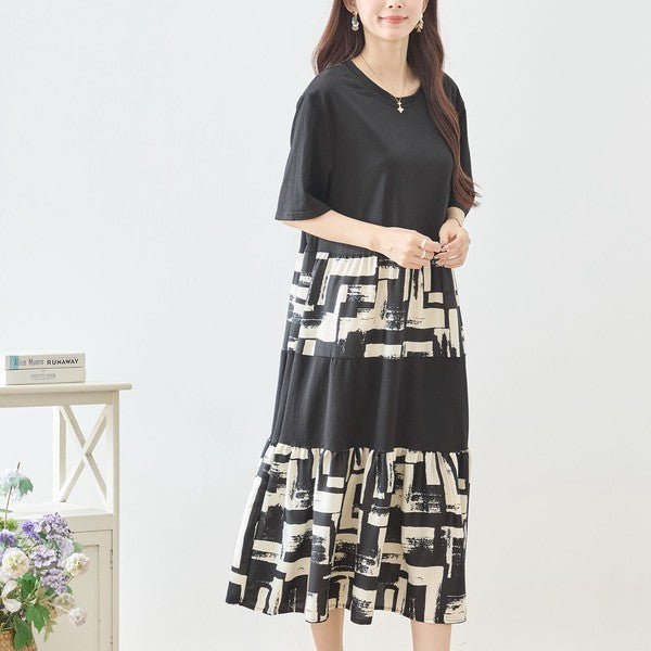 幾何学ブラシプリント ティアード 切替 ワンピース 半袖 ゆったり 体型カバー M-L