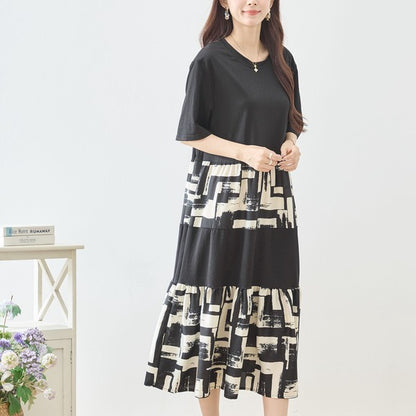 幾何学ブラシプリント ティアード 切替 ワンピース 半袖 ゆったり 体型カバー M-L