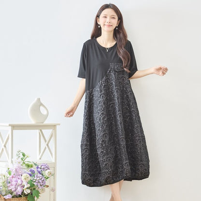 ダマスク ジャカード 切替 バルーンワンピース 半袖 ロング ゆったり M-L