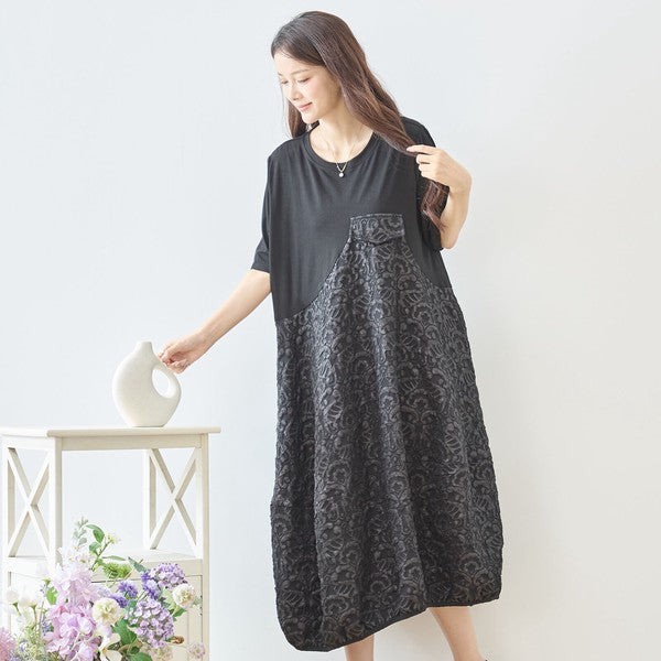 ダマスク ジャカード 切替 バルーンワンピース 半袖 ロング ゆったり M-L