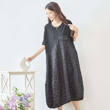 ダマスク ジャカード 切替 バルーンワンピース 半袖 ロング ゆったり M-L