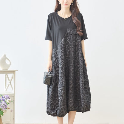 ダマスク ジャカード 切替 バルーンワンピース 半袖 ロング ゆったり M-L