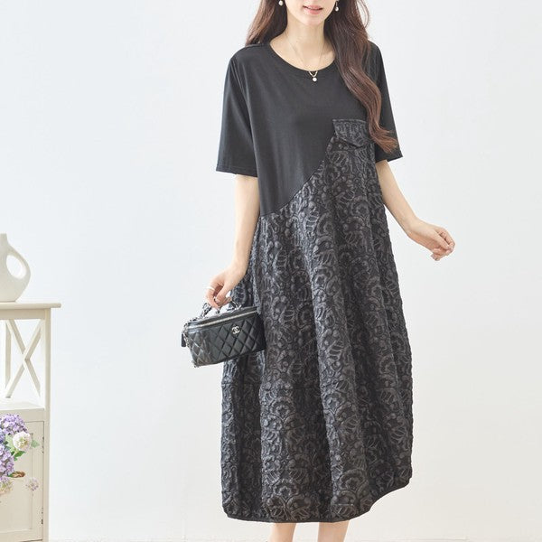 ダマスク ジャカード 切替 バルーンワンピース 半袖 ロング ゆったり M-L