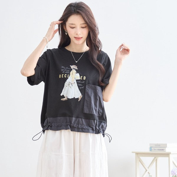 ガールイラスト ドロスト Tシャツ 半袖 異素材 フリル ゆったり 体型カバー