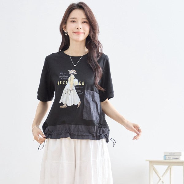 ガールイラスト ドロスト Tシャツ 半袖 異素材 フリル ゆったり 体型カバー