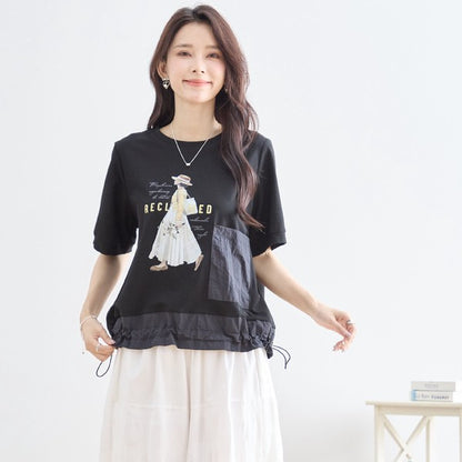 ガールイラスト ドロスト Tシャツ 半袖 異素材 フリル ゆったり 体型カバー