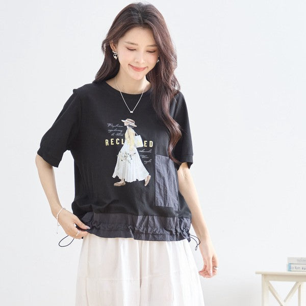 ガールイラスト ドロスト Tシャツ 半袖 異素材 フリル ゆったり 体型カバー