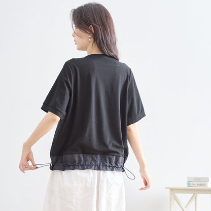 ガールイラスト ドロスト Tシャツ 半袖 異素材 フリル ゆったり 体型カバー