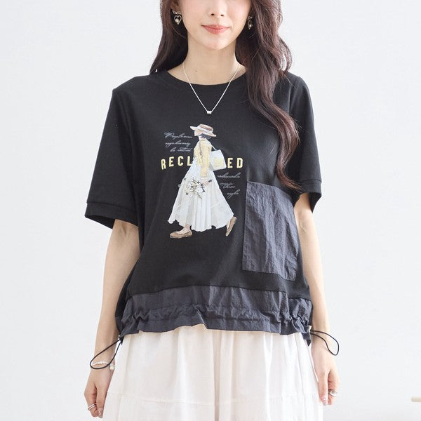 ガールイラスト ドロスト Tシャツ 半袖 異素材 フリル ゆったり 体型カバー