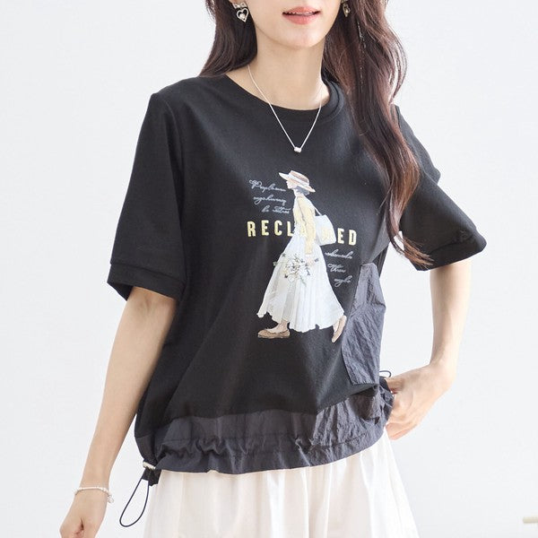 ガールイラスト ドロスト Tシャツ 半袖 異素材 フリル ゆったり 体型カバー