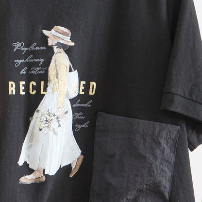 ガールイラスト ドロスト Tシャツ 半袖 異素材 フリル ゆったり 体型カバー