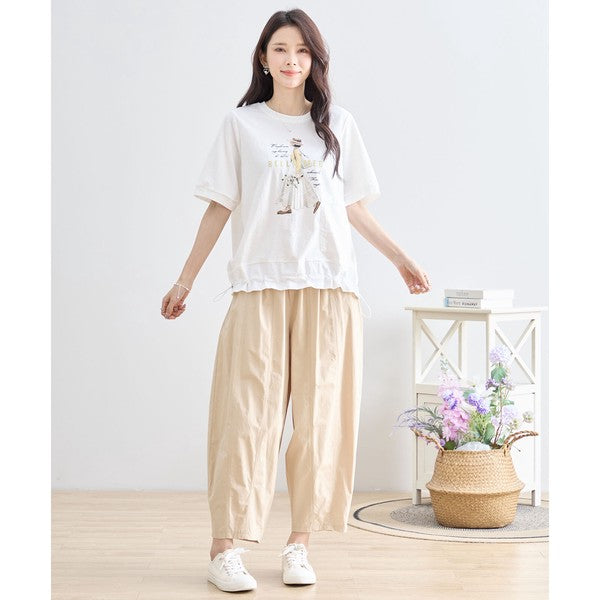 ガールイラスト ドロスト Tシャツ 半袖 異素材 フリル ゆったり 体型カバー