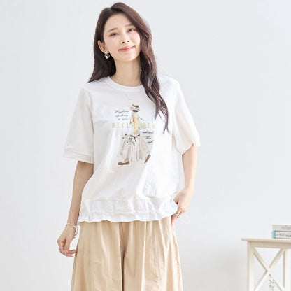 ガールイラスト ドロスト Tシャツ 半袖 異素材 フリル ゆったり 体型カバー