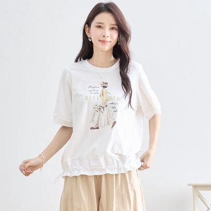 ガールイラスト ドロスト Tシャツ 半袖 異素材 フリル ゆったり 体型カバー
