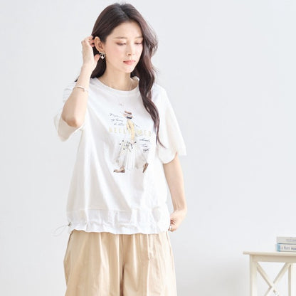 ガールイラスト ドロスト Tシャツ 半袖 異素材 フリル ゆったり 体型カバー