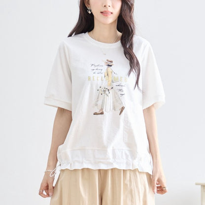 ガールイラスト ドロスト Tシャツ 半袖 異素材 フリル ゆったり 体型カバー