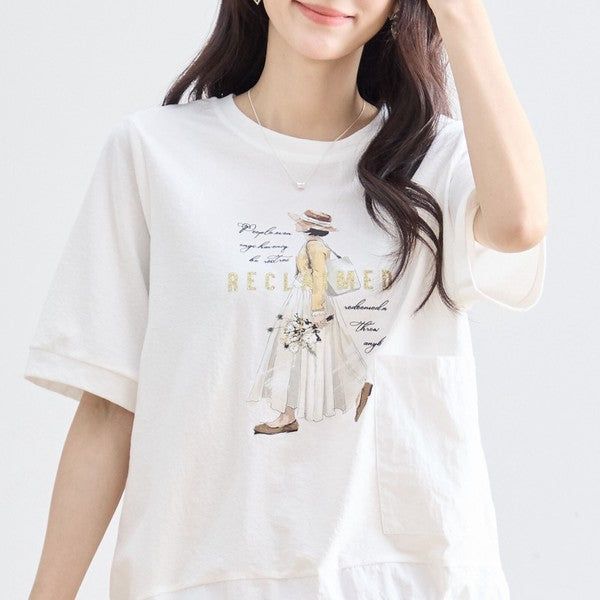 ガールイラスト ドロスト Tシャツ 半袖 異素材 フリル ゆったり 体型カバー