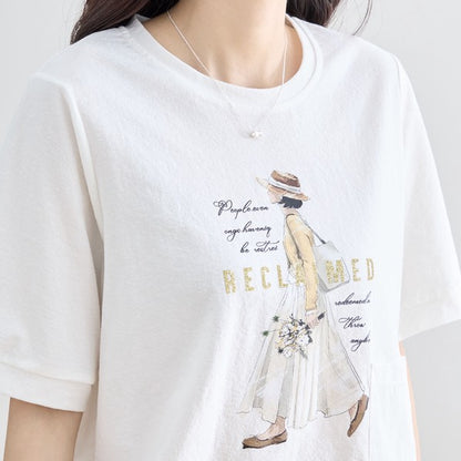 ガールイラスト ドロスト Tシャツ 半袖 異素材 フリル ゆったり 体型カバー