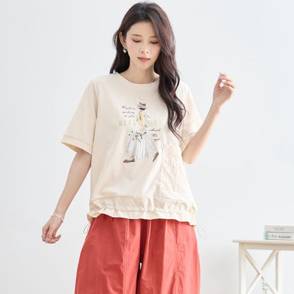 ガールイラスト ドロスト Tシャツ 半袖 異素材 フリル ゆったり 体型カバー