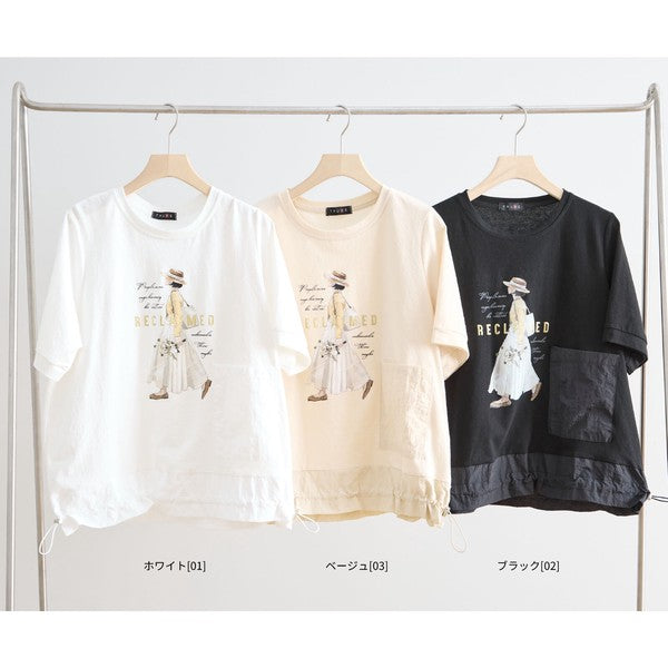 ガールイラスト ドロスト Tシャツ 半袖 異素材 フリル ゆったり 体型カバー