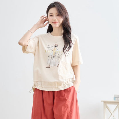 ガールイラスト ドロスト Tシャツ 半袖 異素材 フリル ゆったり 体型カバー