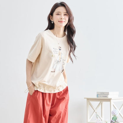 ガールイラスト ドロスト Tシャツ 半袖 異素材 フリル ゆったり 体型カバー
