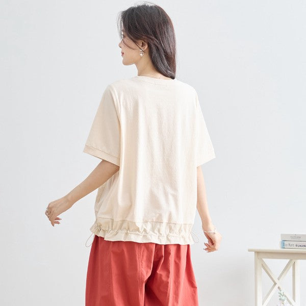 ガールイラスト ドロスト Tシャツ 半袖 異素材 フリル ゆったり 体型カバー