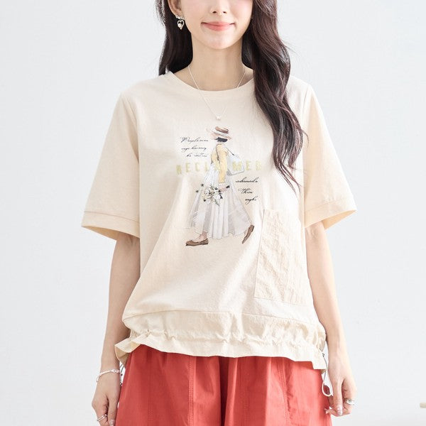 ガールイラスト ドロスト Tシャツ 半袖 異素材 フリル ゆったり 体型カバー