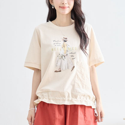 ガールイラスト ドロスト Tシャツ 半袖 異素材 フリル ゆったり 体型カバー