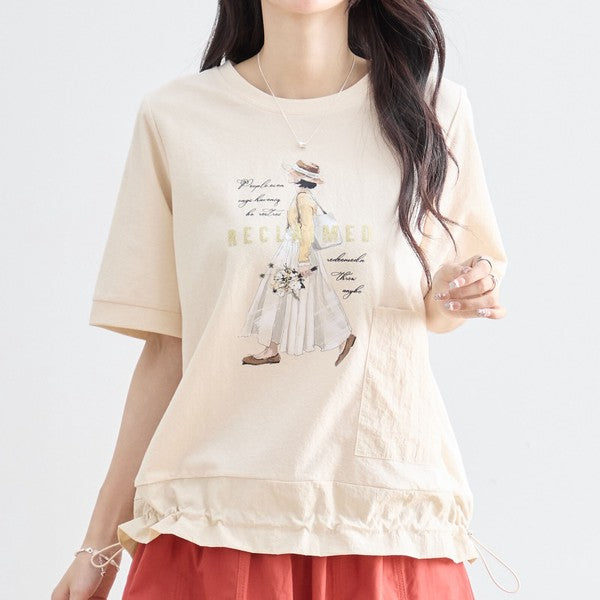 ガールイラスト ドロスト Tシャツ 半袖 異素材 フリル ゆったり 体型カバー